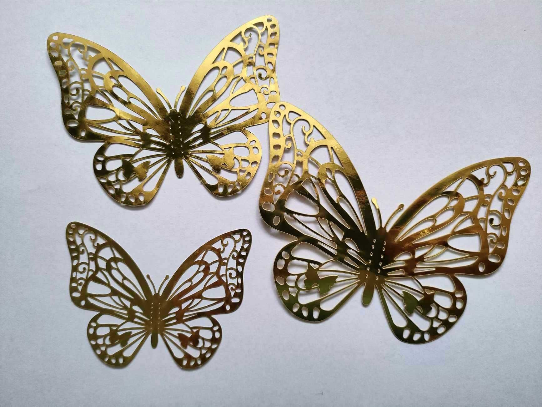Złote Motyle 3D Naklejki na ścianę Ażurowe Mieniące 12 szt Dekoracja