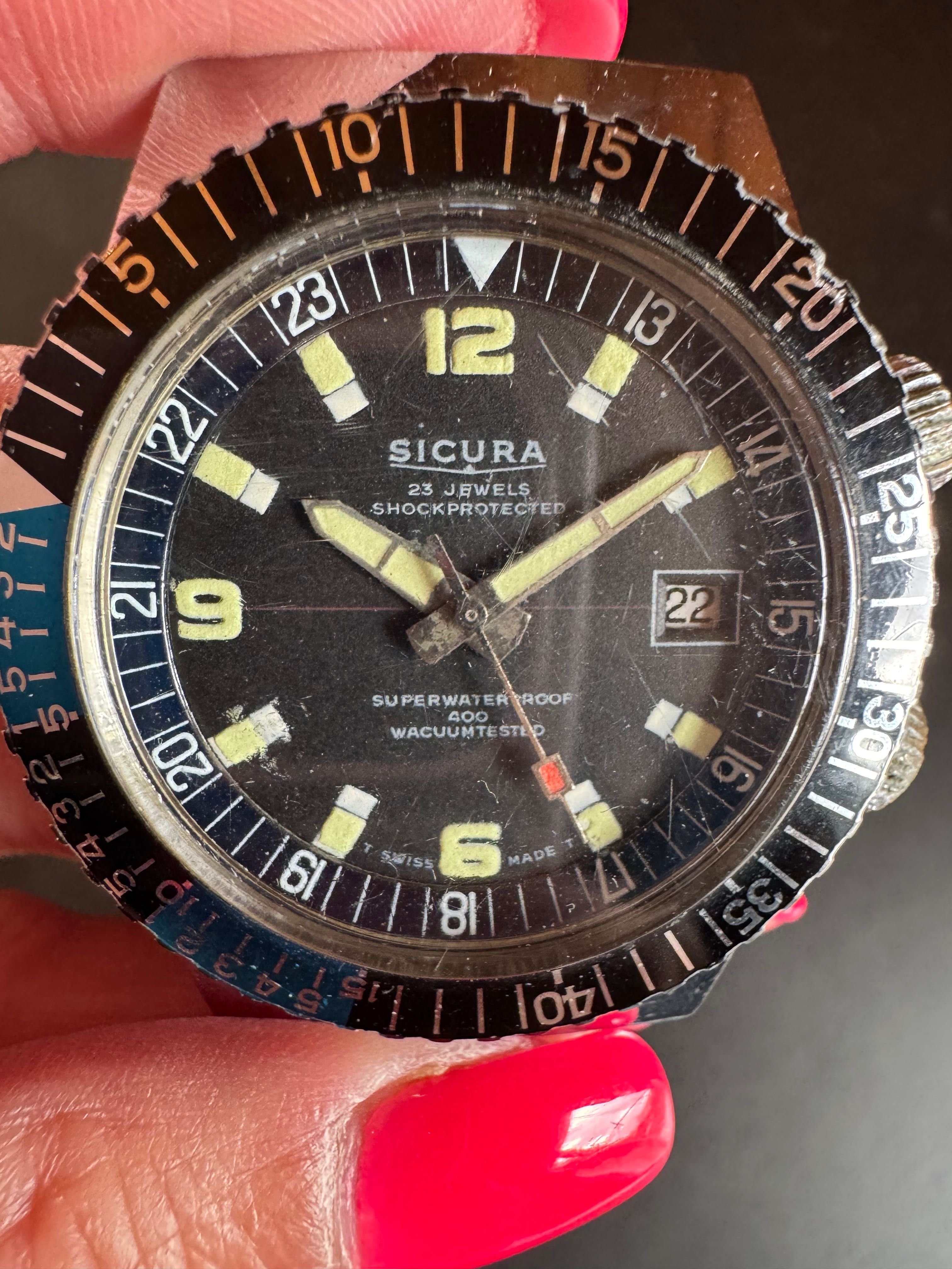 Zegarek Sicura Superwaterproof 400 – vintage 1968/69  40 mm do naprawy