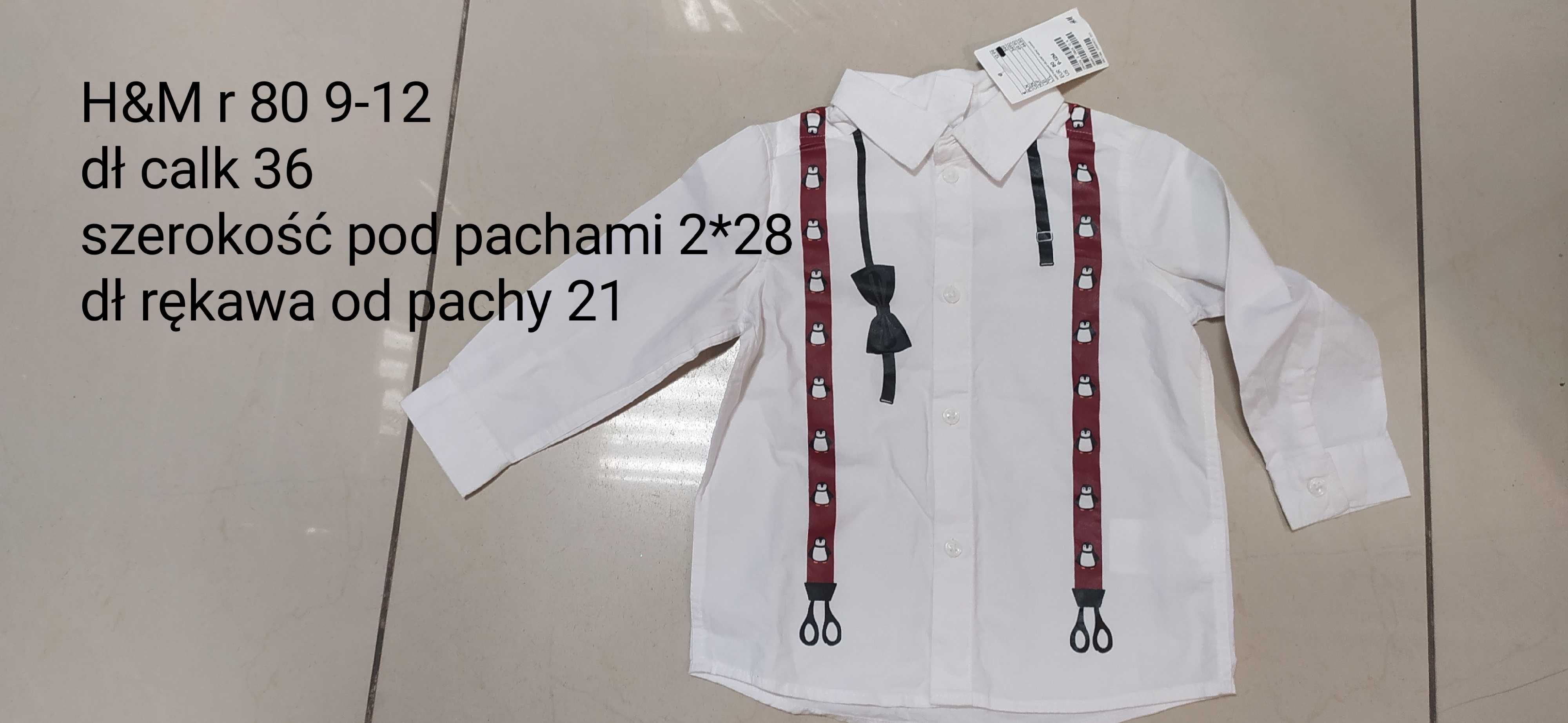 Koszula biała z szelkami i muchą H&M r80 pingwiny