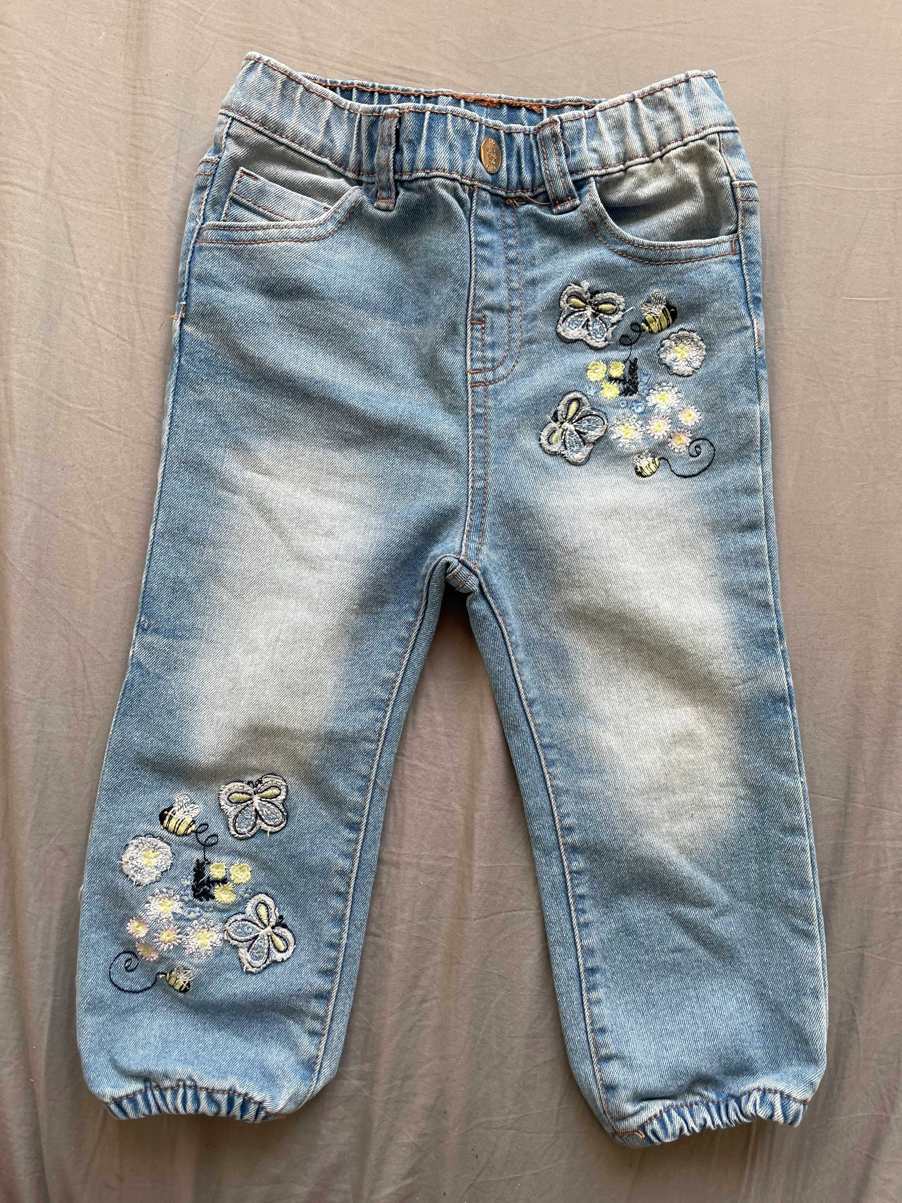 Dwie pary spodni jeans, haft, kwiaty, 86, 12-18M