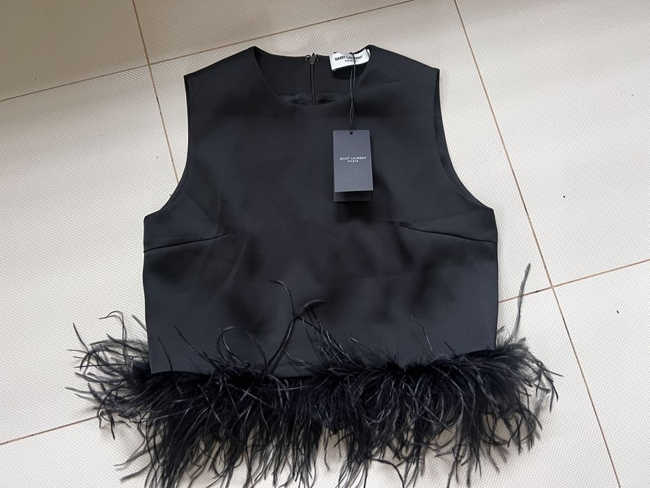Saint Laurent bluzka elegancka czarna pióra S/M