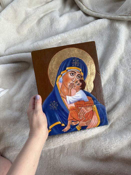 Ręcznie malowany obraz Maryja i Jezus ilona ikonografia akryl