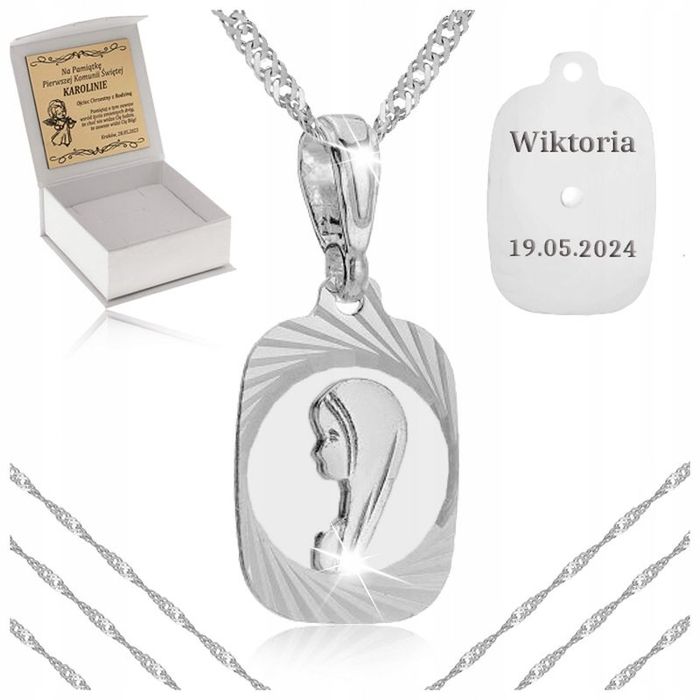 Srebrny Łańcuszek Singapur + Medalik Pr. 925 Matka Boska Fatimska + Gr