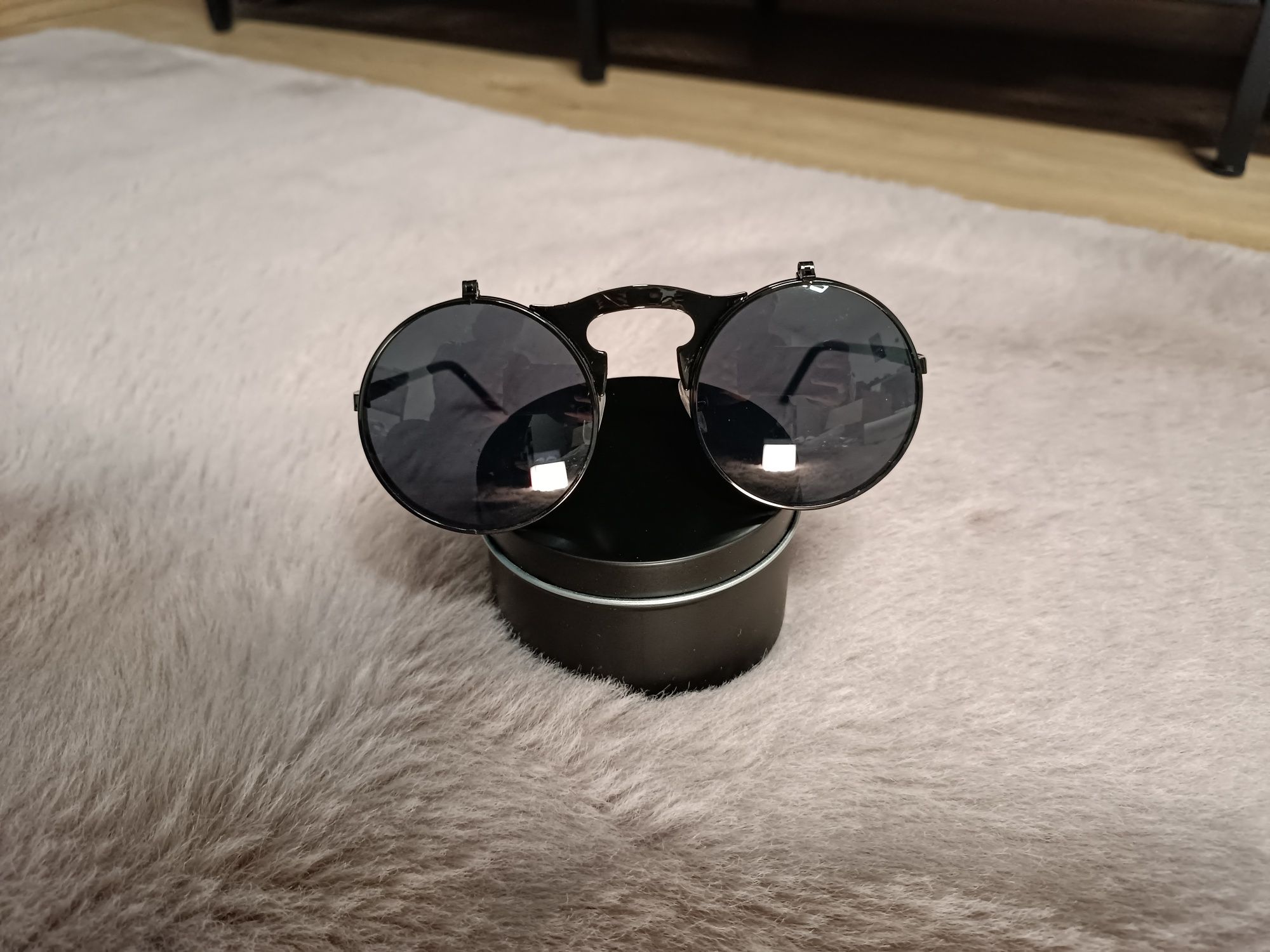 Okulary przeciwsłoneczne okrągłe lenolki steampunk czarne