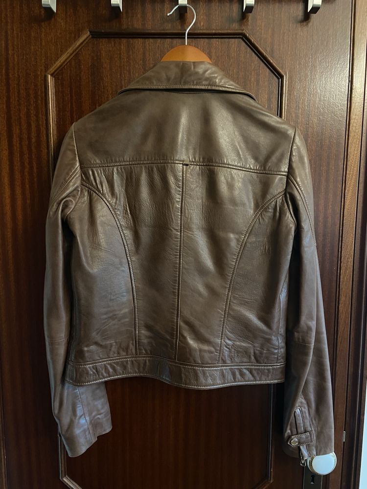 Blusão motard biker couro castanho pele genuína massimo dutti M