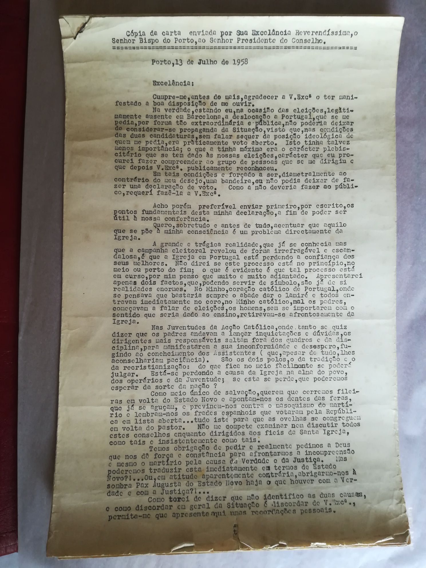 Cópia da Carta de D. António a A.O. Salazar. 1958.