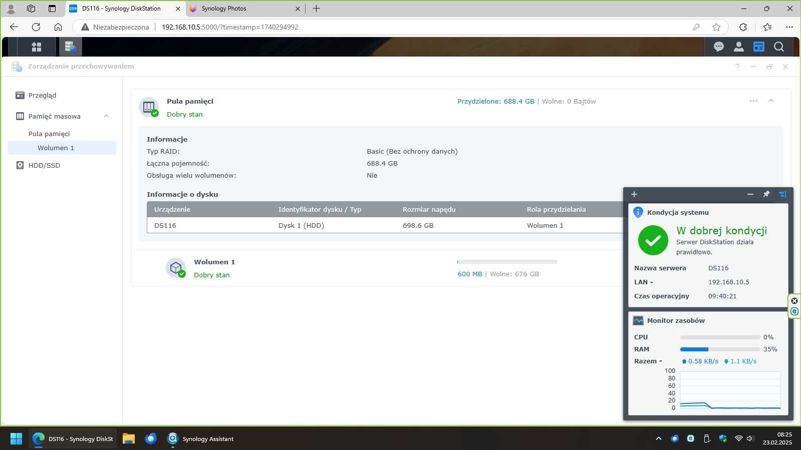 Serwer sieciowy Synology DiskStation DS116 z dyskiem
