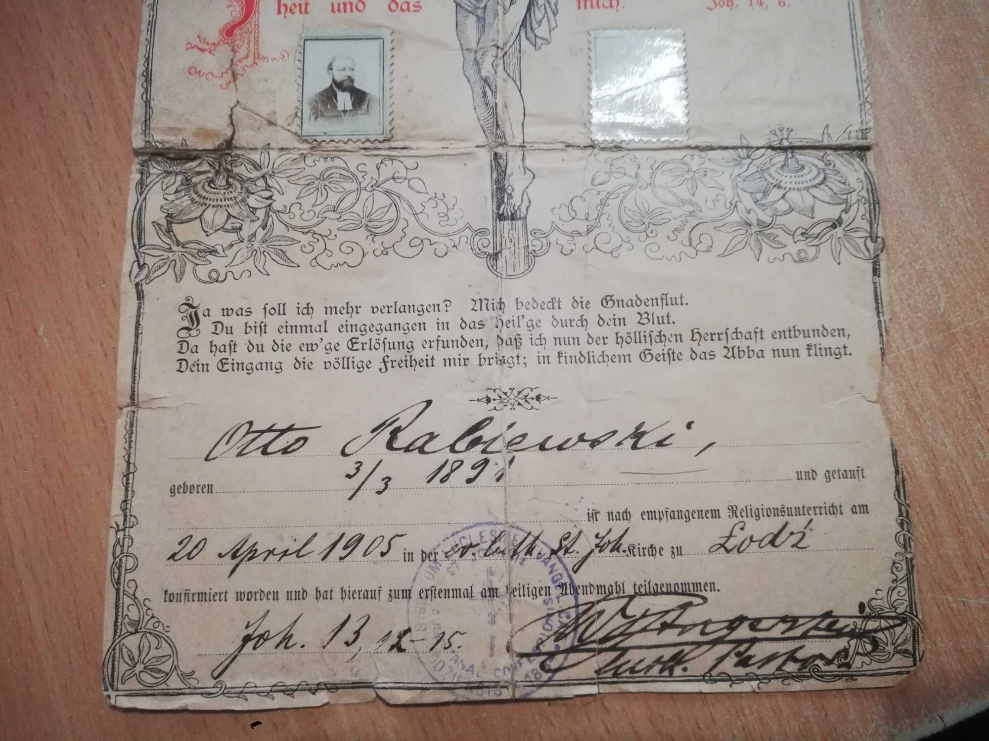 Stare świadectwo bierzmowania 1905 rok              S