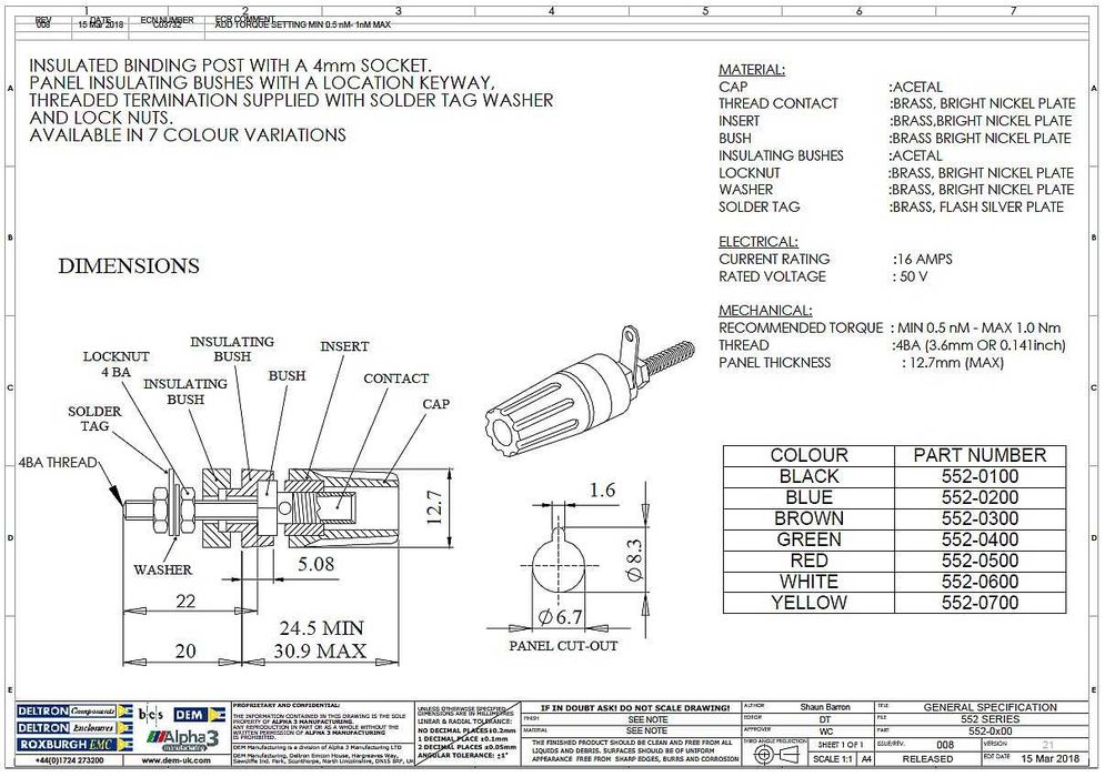 Zacisk laboratoryjny, gniazdo bananowe 4 mm, 16 A, 50 V, Deltron 552