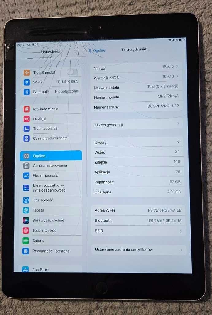 Tablet Apple Ipad (5 generacji) A1822 WiFi