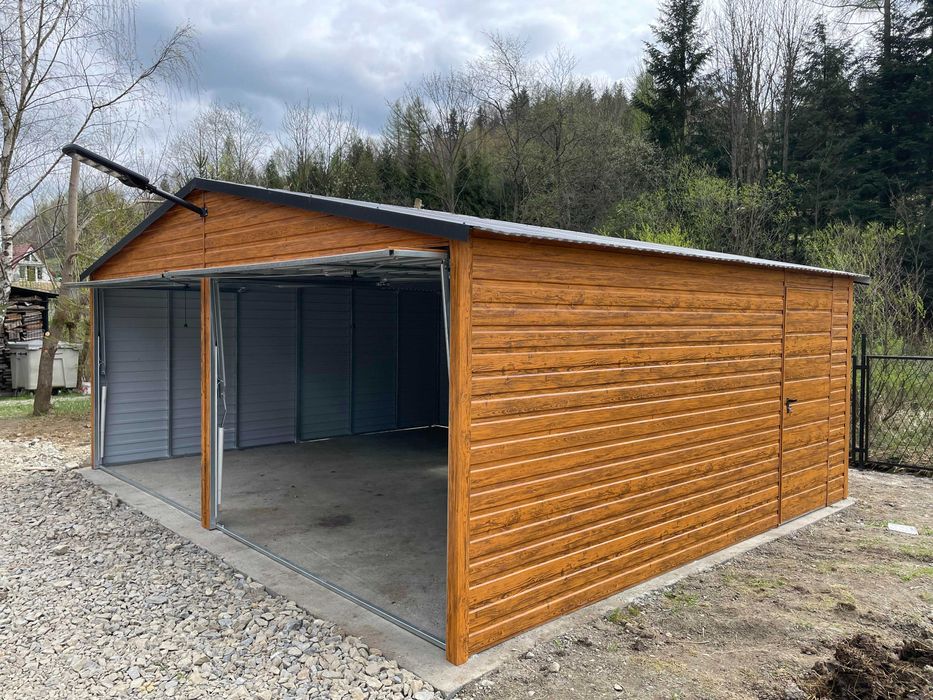 Garaż blaszany 6x5, złoty dąb, konstrukcja ocynkowana. PRODUCENT.