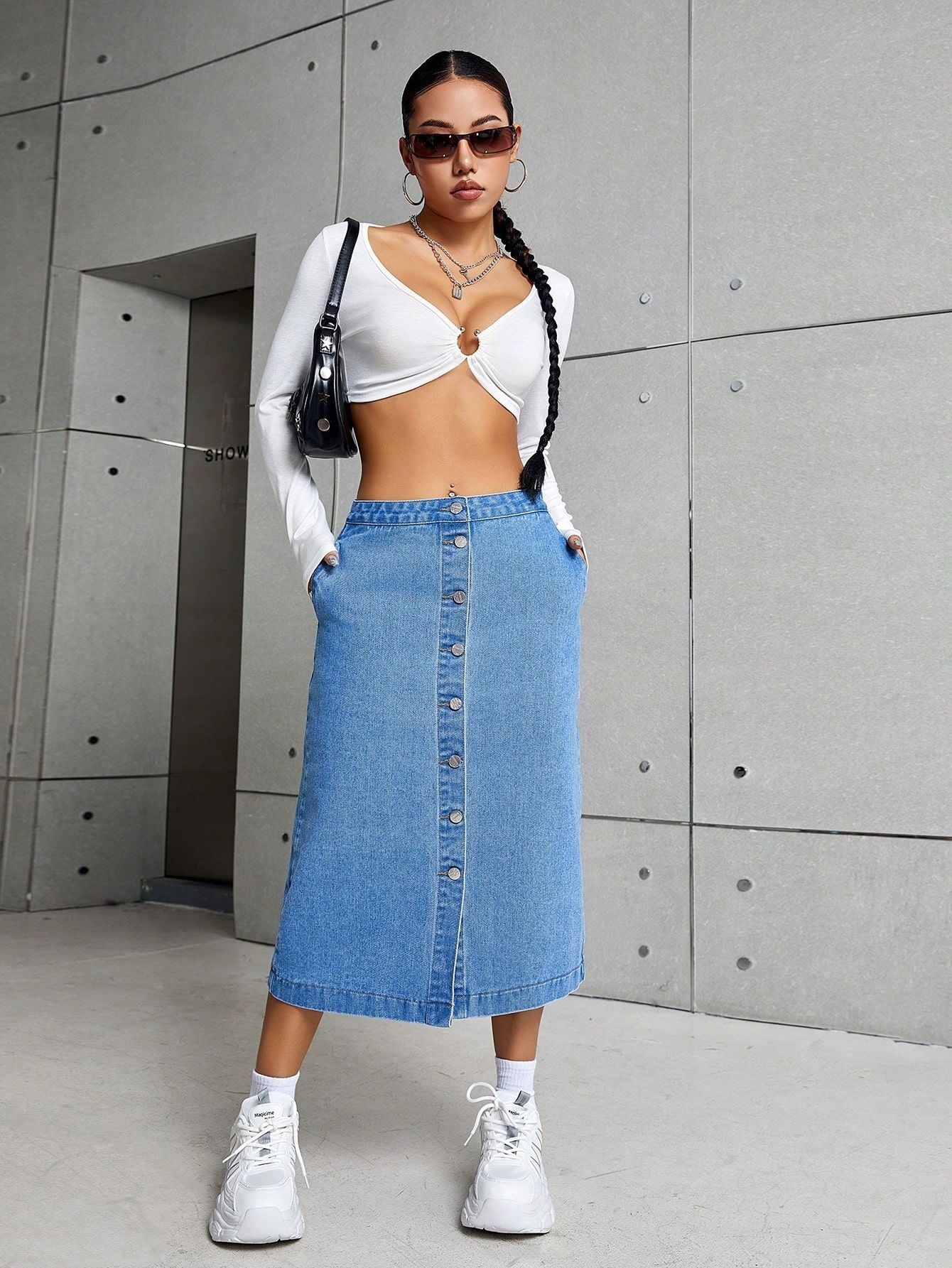 Spódnica Jeansowa Rozpinana Niebieska Midi Casual Shein M 38