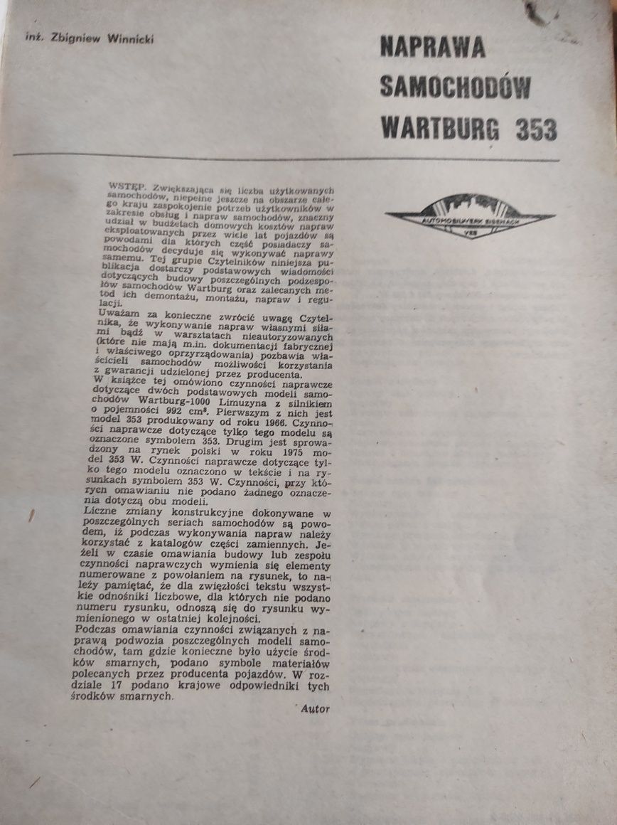 Książka z 1989 r Naprawa Wartburg z