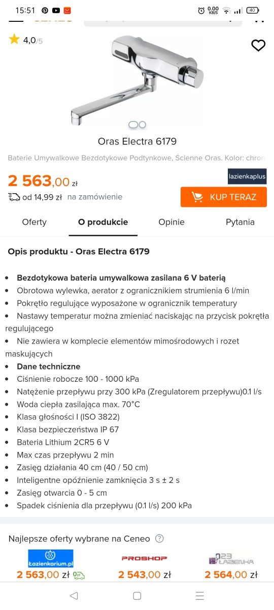 Bezdotykowa bateria umywalkowa z termostatem chrom Oras Electra