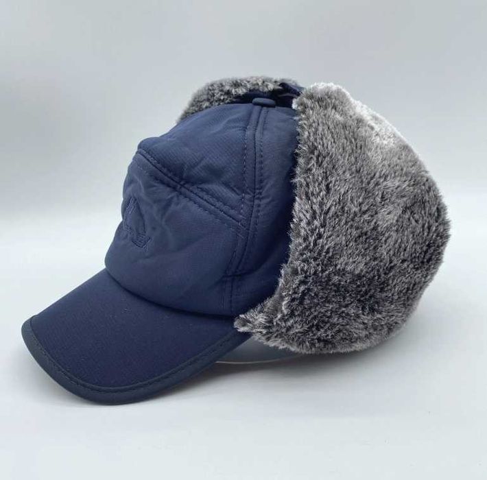 CIEPŁA czapka Zimowa męska Z daszkiem nauszniki z FUTERKIEM niebieska