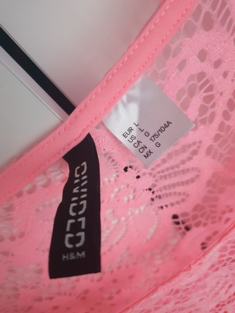 Bluzka beskinka H&M neon róż L koronka