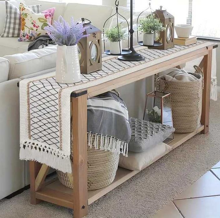 Bieżnik boho w kratkę, obrus 180x30 – kratka z frędzlami