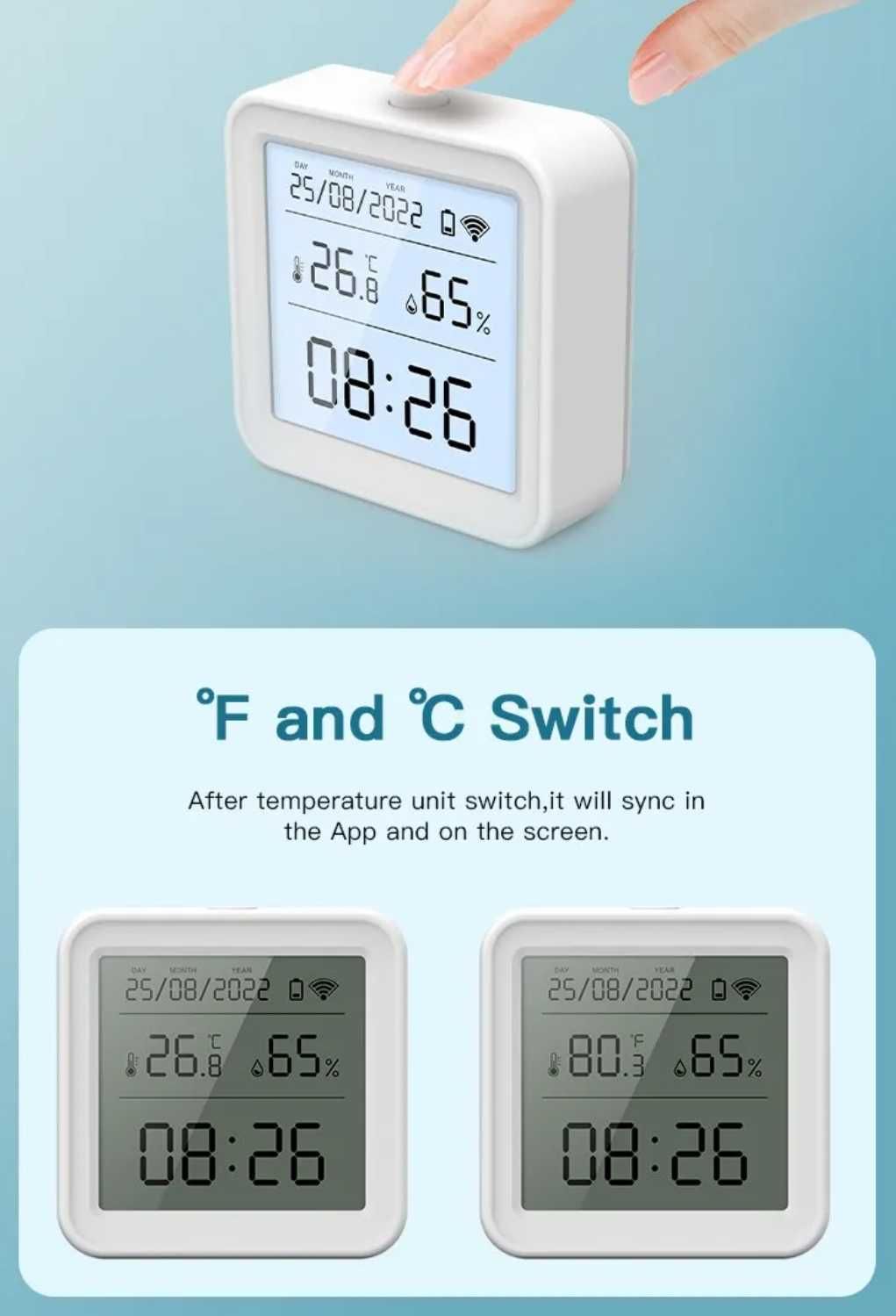 Wi-Fi  термометр, гигрометр с подсветкой, часы, Tuya SmartLife