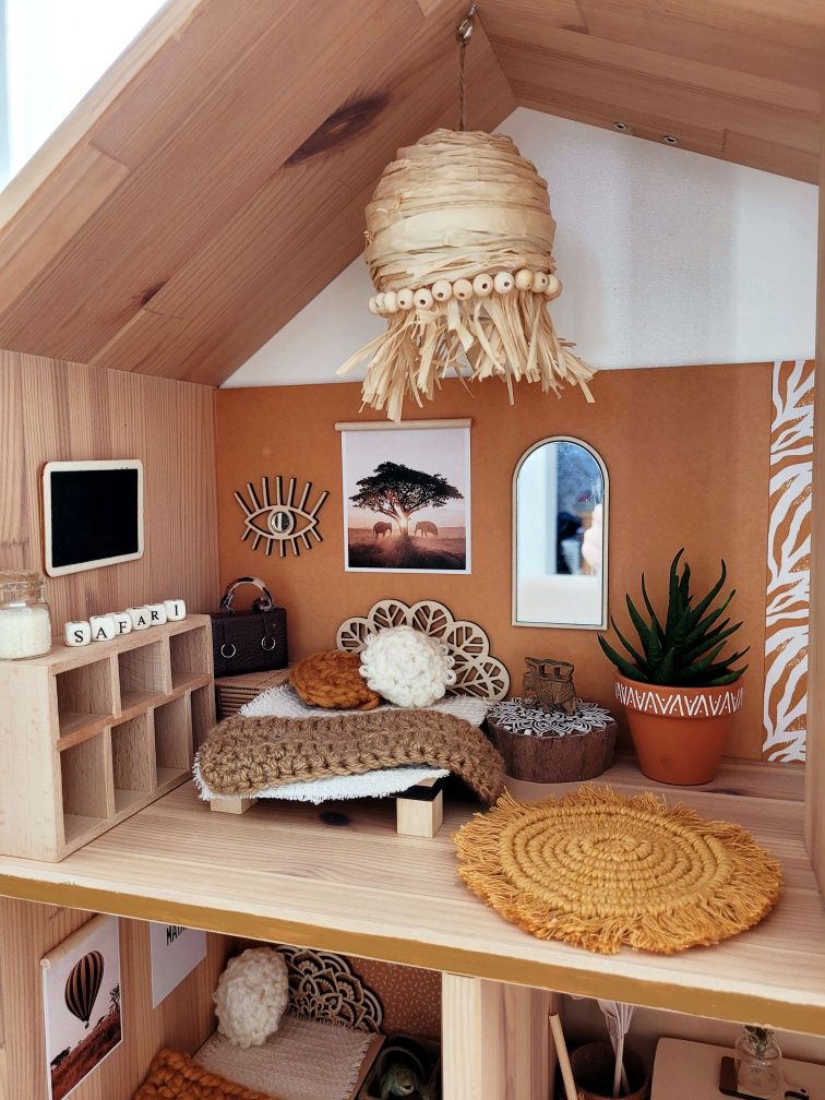 Drewniany domek dla myszek lalek boho safari pokój mebelki do domku