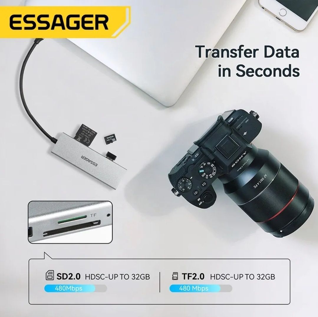 Адаптер USB HUB Type-C - HDMI + кардрідер Essager 3 in 1 / 5 in 1