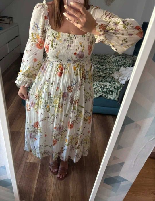 H&M dluga maxi romsntyczna sukienka bawełniana w kwiaty L
