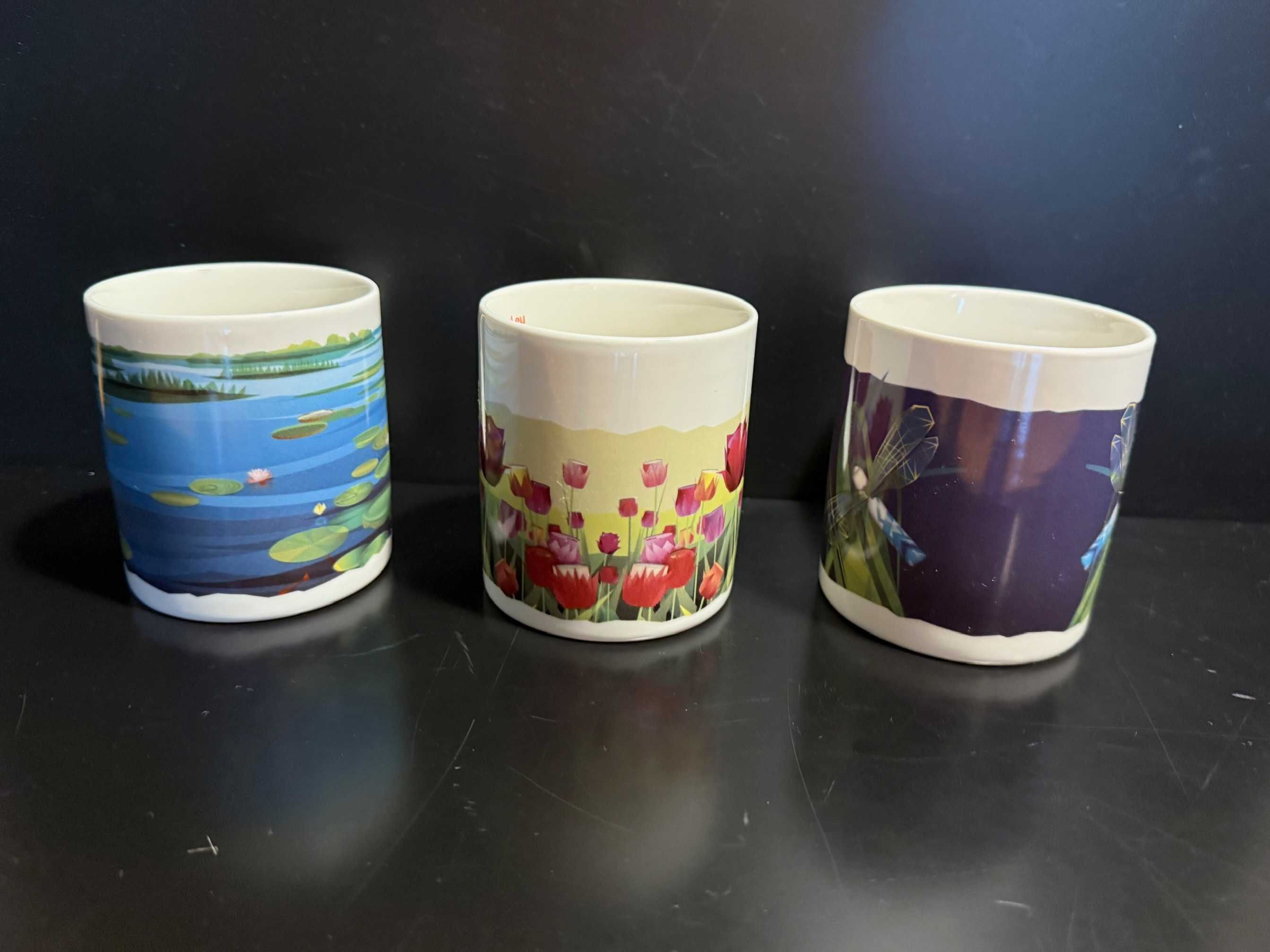 Kolorowe, ceramiczne kubki w kwiatki, tulipany, nenufary, 3 szt., nowe