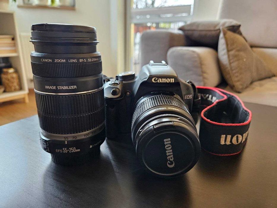 Aparat Canon EOS 500D z obiektywami EFS 18–55 i EFS 55–250 i torbą