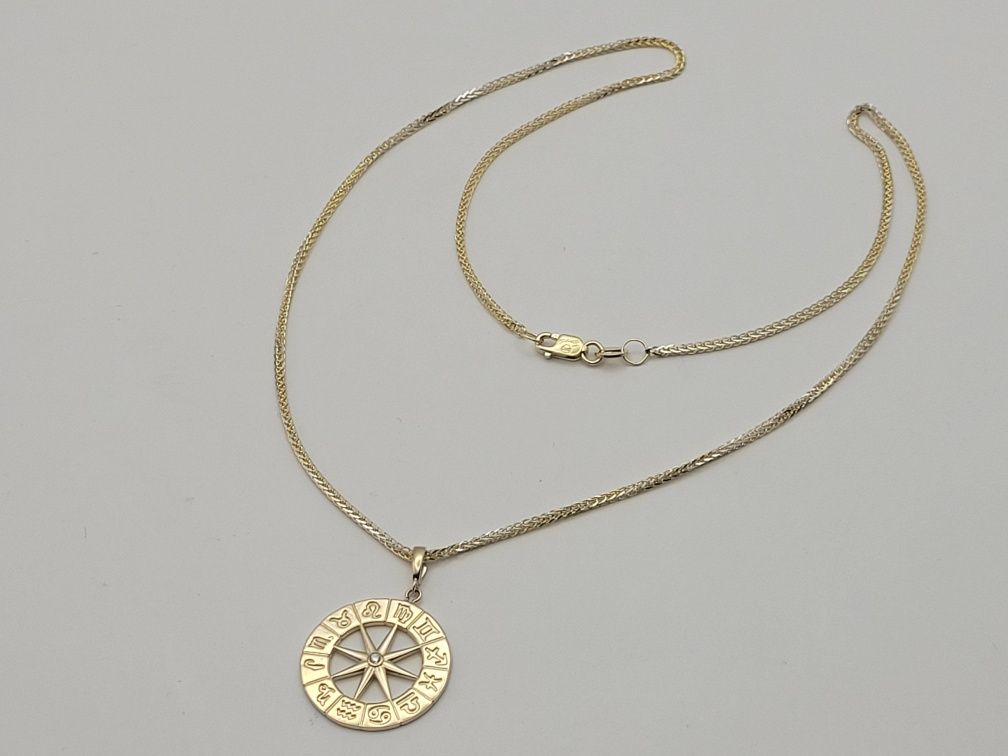 Nowy złoty łańcuszek z róża wiatrów,  złoto próba 585, zodiak