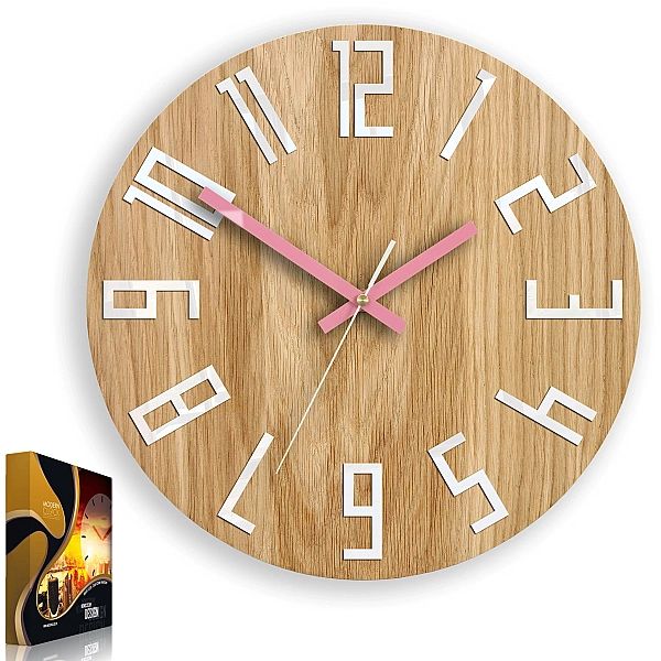 Zegar Ścienny Drewniany Slim Dąb Pink Różowy