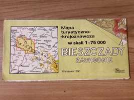 Mapa turystyczno krajoznawcza Bieszczady Zachodnie 1990 retro vintage