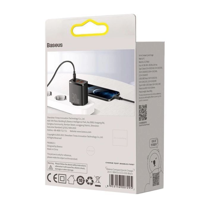 Baseus szybka ładowarka sieciowa 2x USB / USB C 30W 3A PD QC czarny