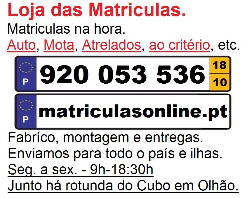 Matrículas Auto, Motas, Atrelados e com nomes