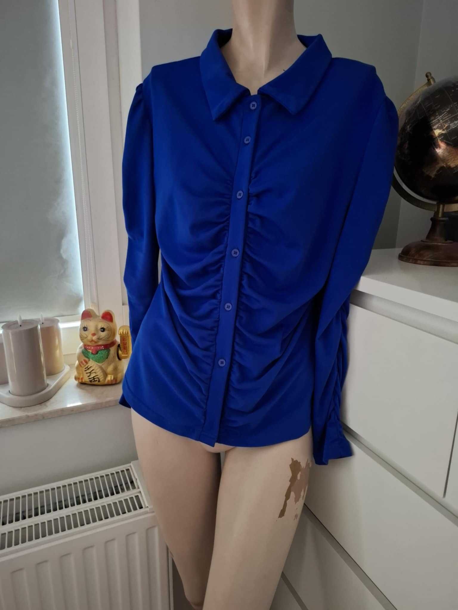 XL 42 niebieska chabrowa kobaltowa koszula drapowana marszczona retro