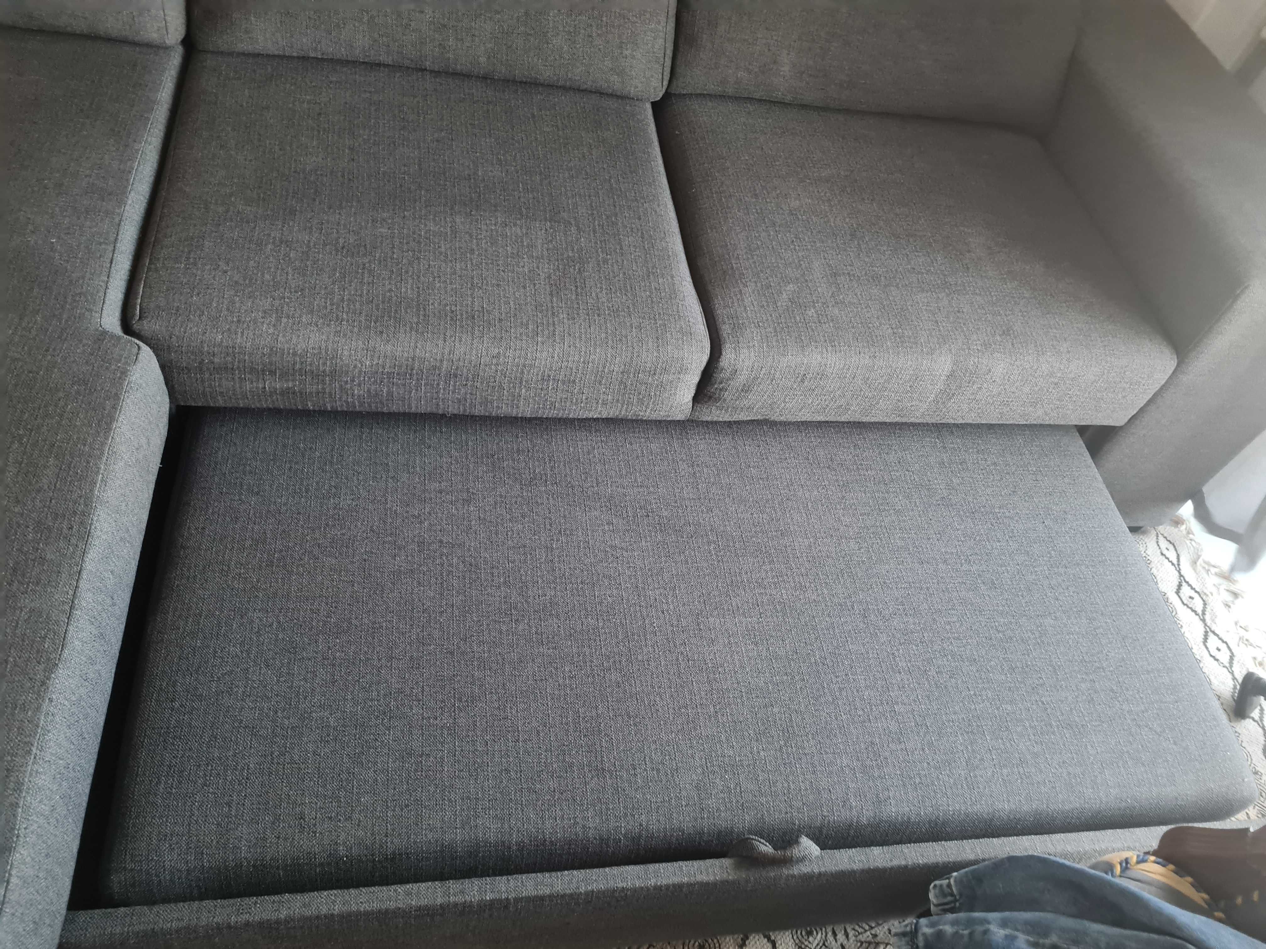 Sofá cama cinzento 3 lugares com chaise long e arrumação