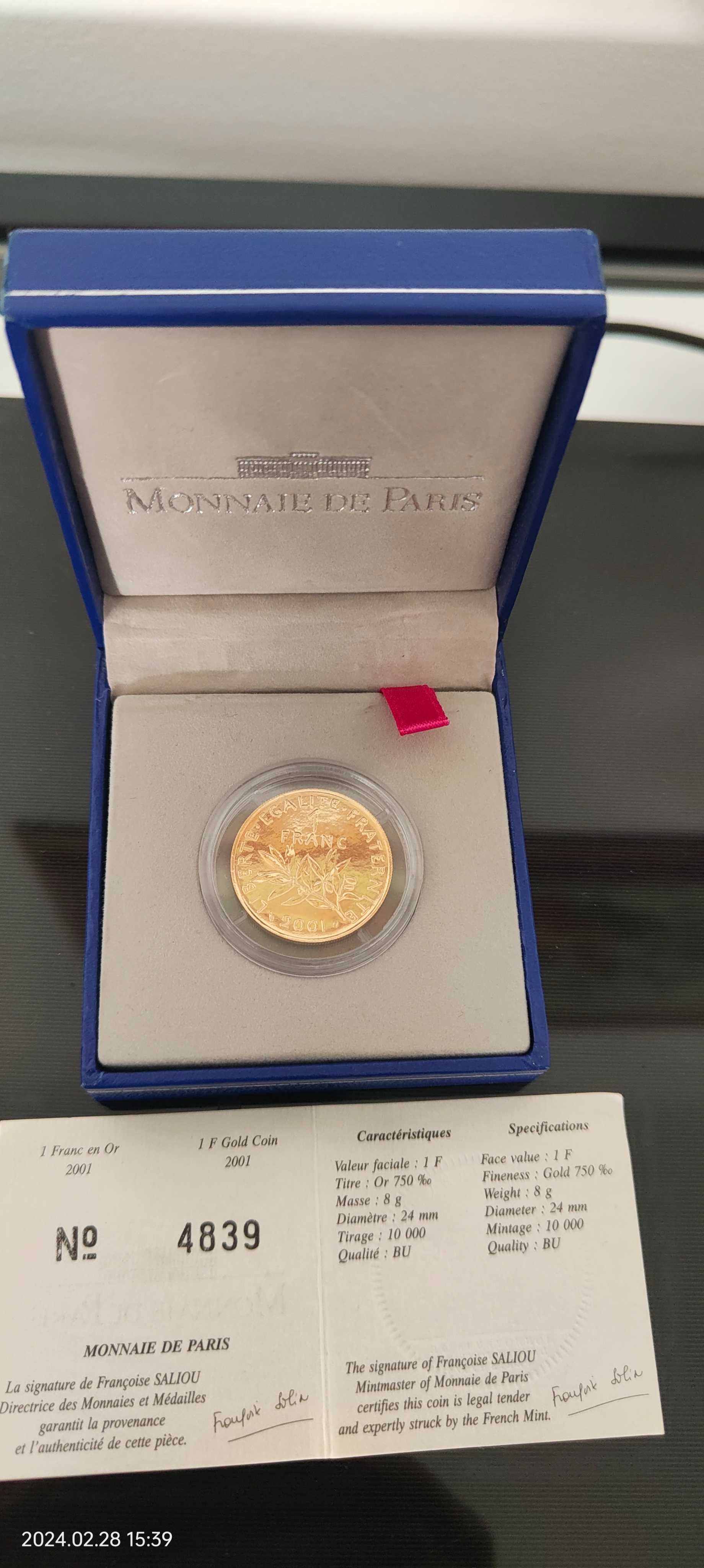 Moeda Ouro,  1 Franco -  
2001 - Monnaie de Paris - Moeda de Coleção