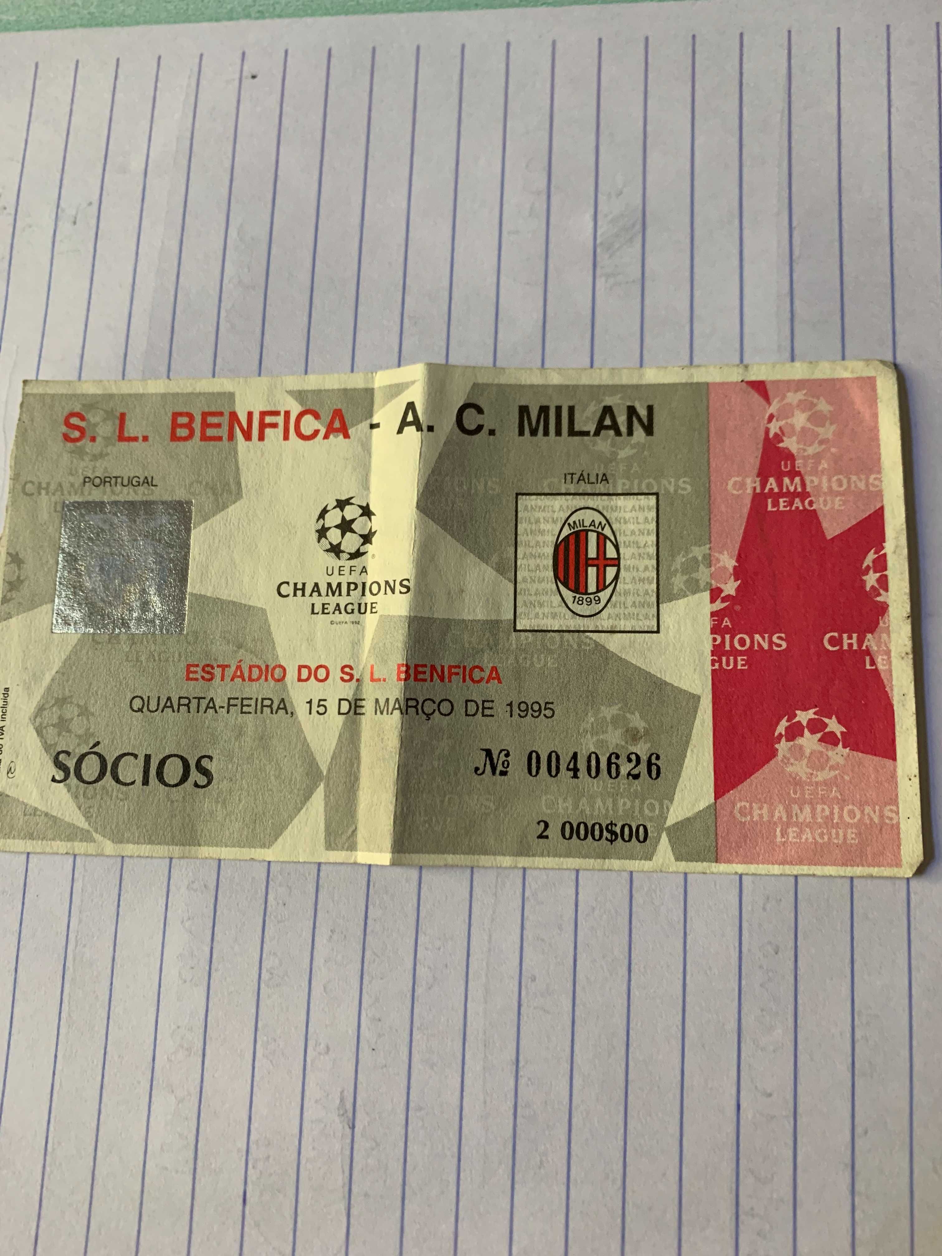 bilhete futebol Benfica - AC Milan 1995