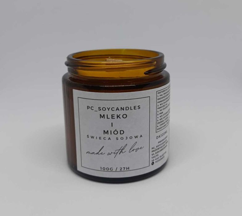 Świeca Sojowa Zapachowa Mleko i Miód 120ml 27h Drewniany Knot