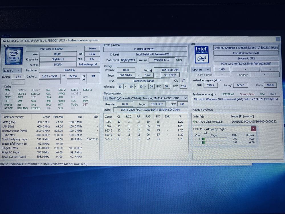 Szybki Laptop Fujitsu U727 i5-6300U 8GB / 256 GB SSD