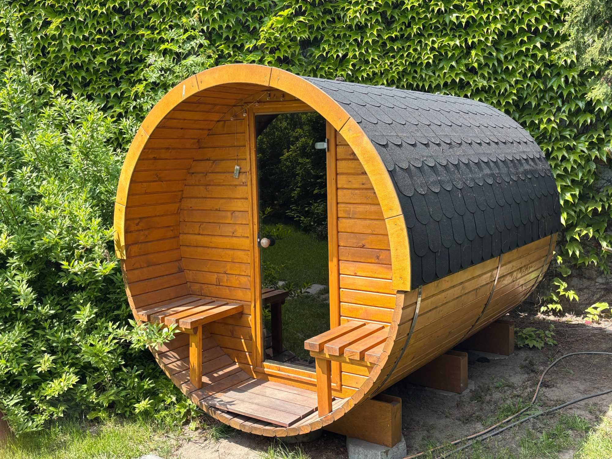 Sauna drewniana sucha 390cm PRODUCENT z tarasem fińska beczka FV23
