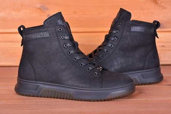 40-48 Мужские кожаные зимние черные коричневые ботики мех байка змейка