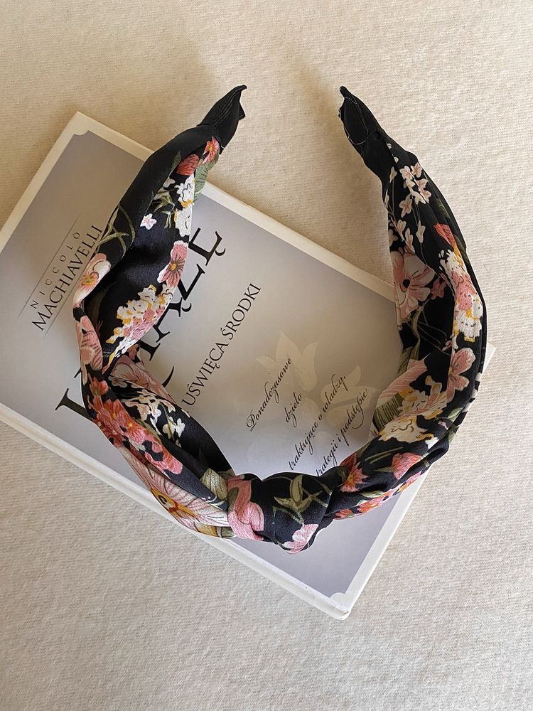 Opaska do włosów Floral Art/Boho/satynowa wysoka, Kwiaty/Floral/Black