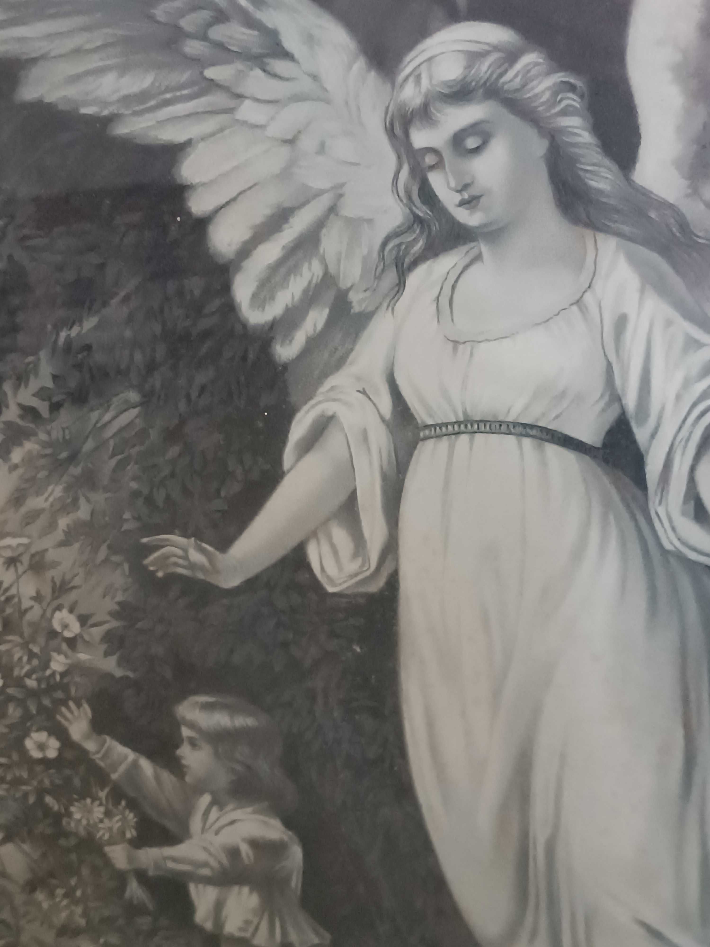 Stare obrazy za szkłem litografie? secesja? Anioł stróż z dzieckiem