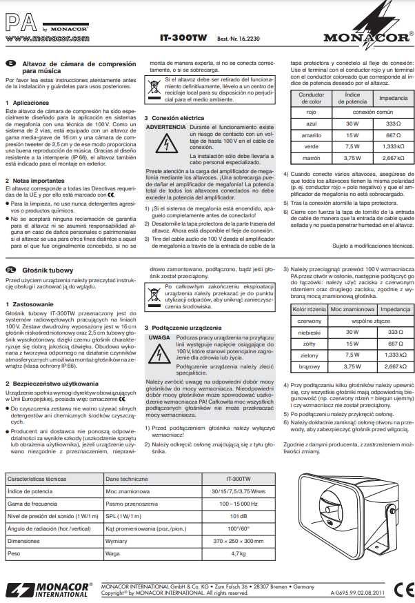 MONACOR IT-300TW GŁOŚNIK TUBOWY 2-drożny odporny na warunki atmosfer.