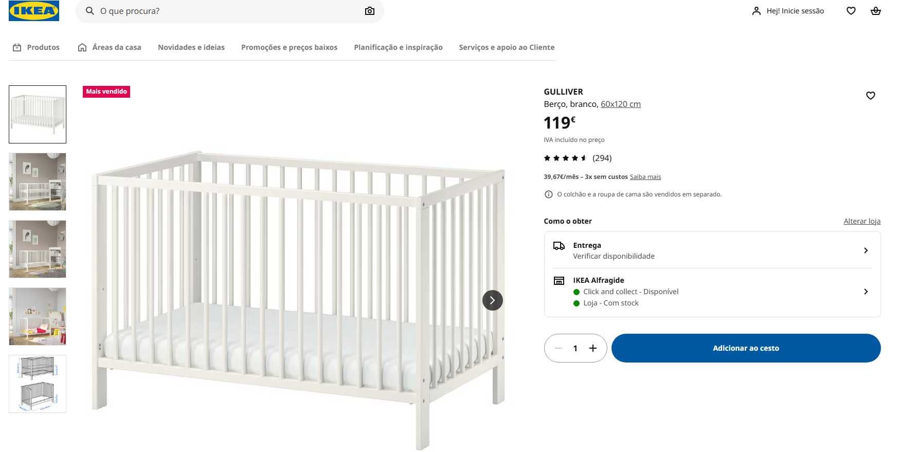 Berço IKEA GULLIVER
branco, 60x120 cm e Colchão - NOVO