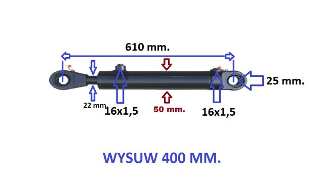 cylinder/siłownik/tłok hydrauliczny wysuw 400 mm. Tłoczysko 22 mm.
