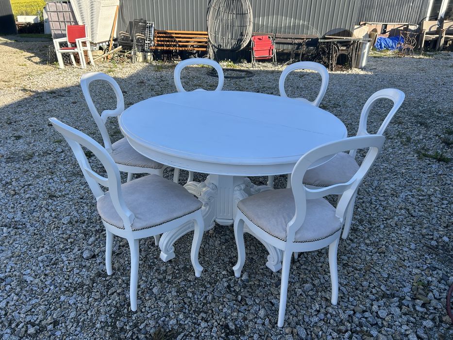 Stylowy stol rozkladany bialy z krzeslami