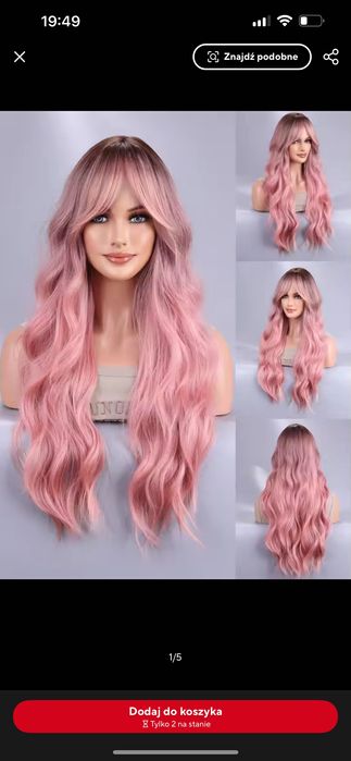 Nowa różowa peruka damska długa falowana kręcona z grzywką naturalna