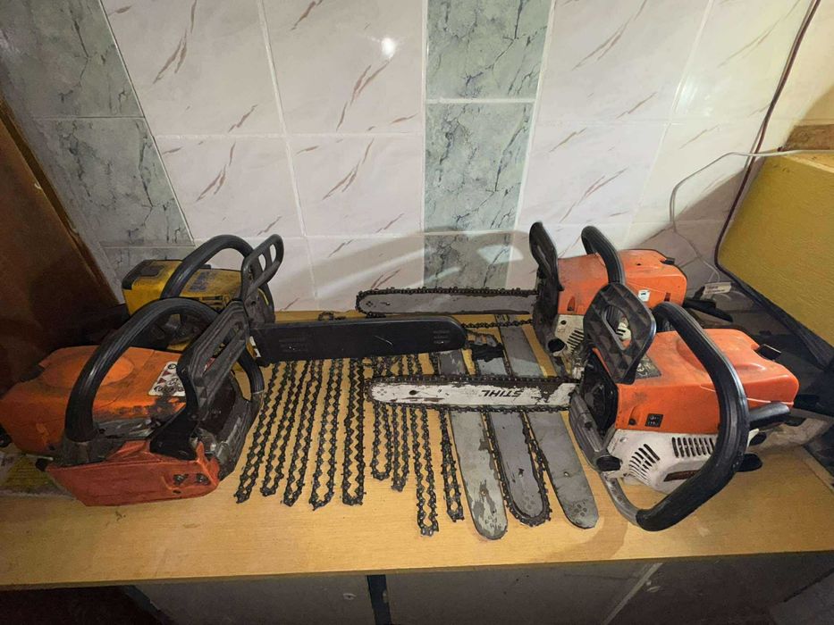 4 piły spalinowe+prowadnice+12 łańcuchów–po postoju, do przeglądu