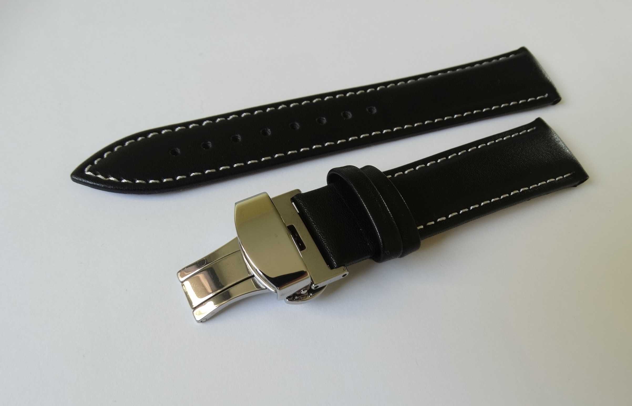 Pasek skórzany czarny gładki 20mm klamra zapięcie motylkowe do zegarka