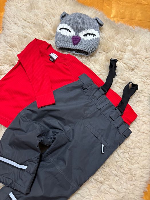 Spodnie zimowe szelki podkoszulka termiczna czapka z uszkami zestaw 92
